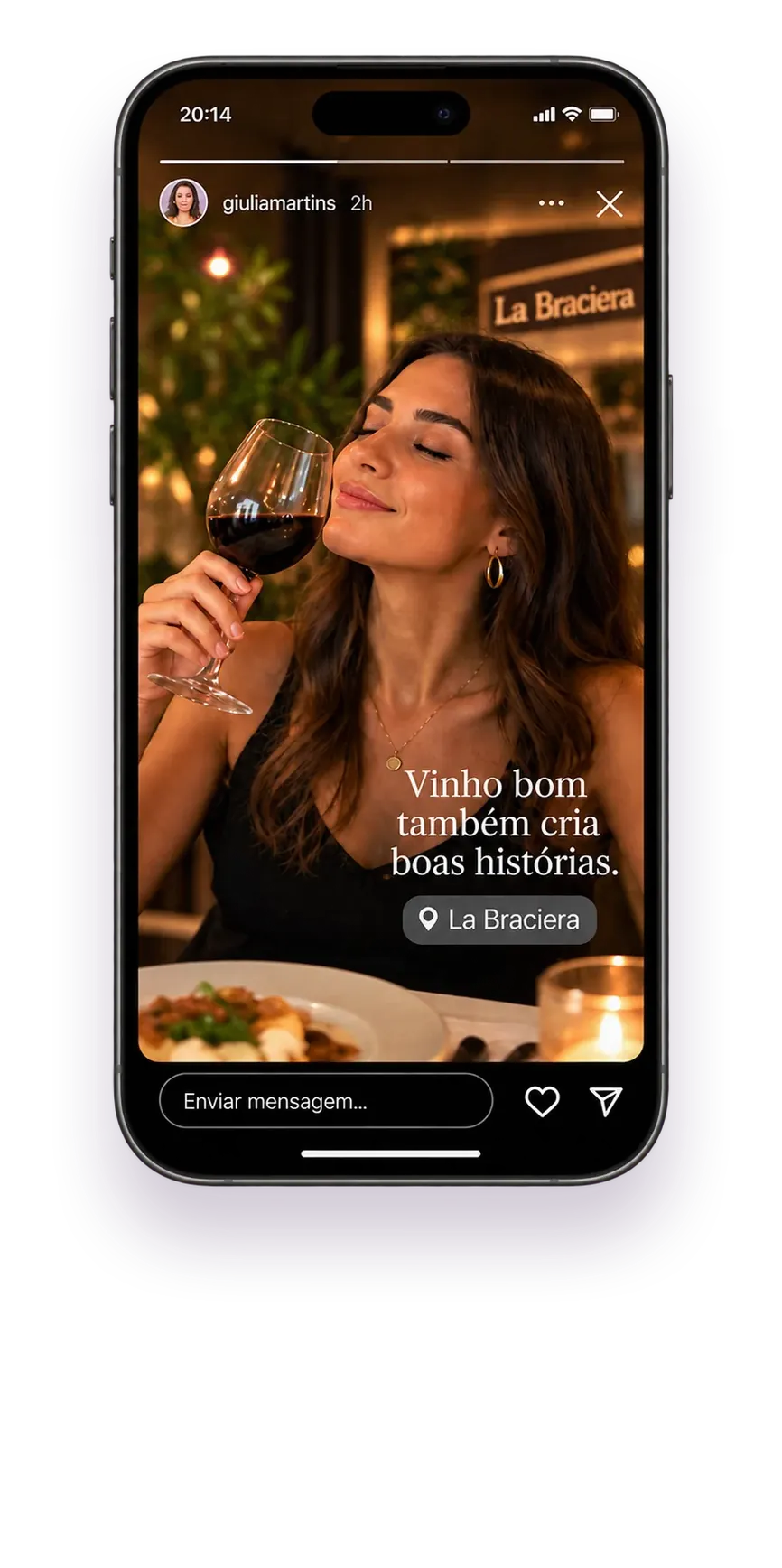 iPhone with an Instagram Story: a customer holding a glass of wine at La Braciera, with the restaurant's location tagged